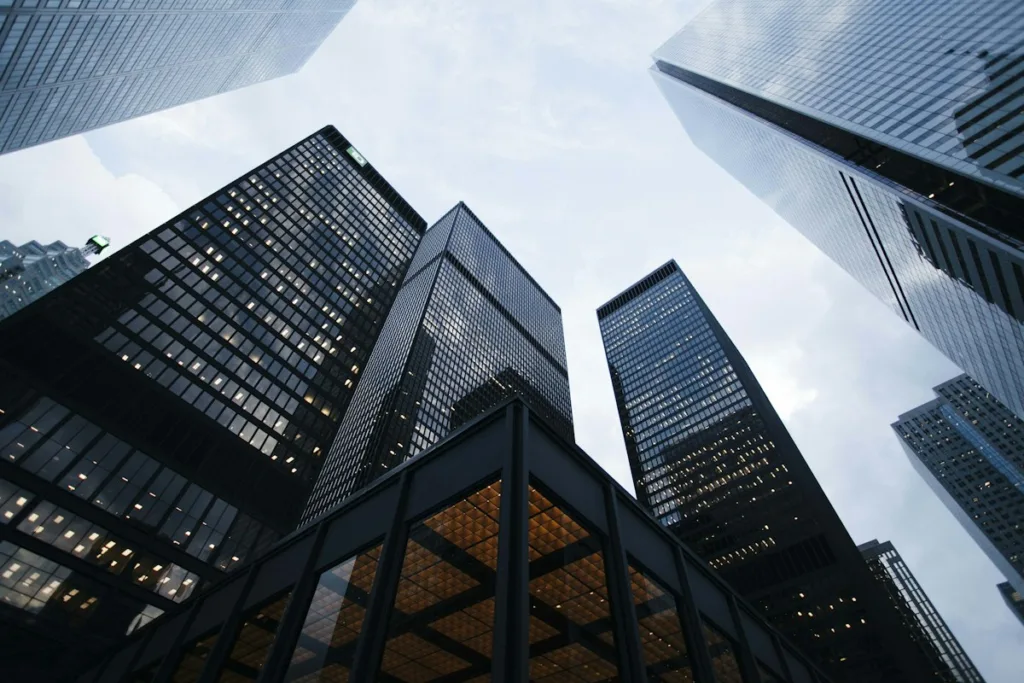 Modern office buildings photographed from below