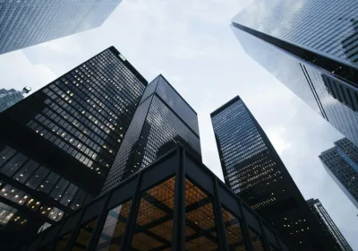 Modern office buildings photographed from below